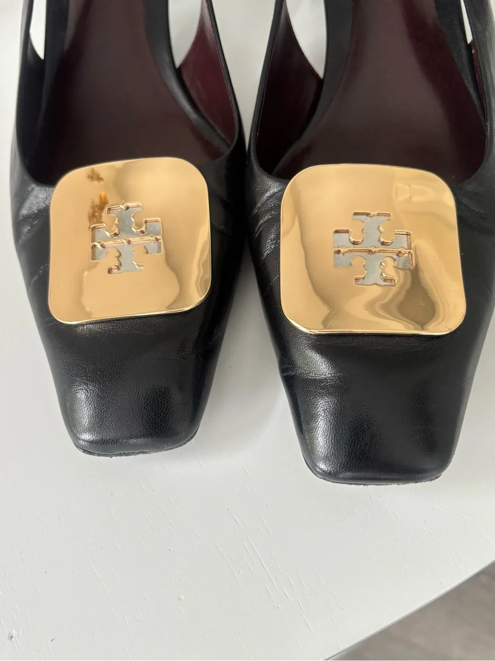 Tory Burch Black Leather Slingback Flats with Gold Logo Accent